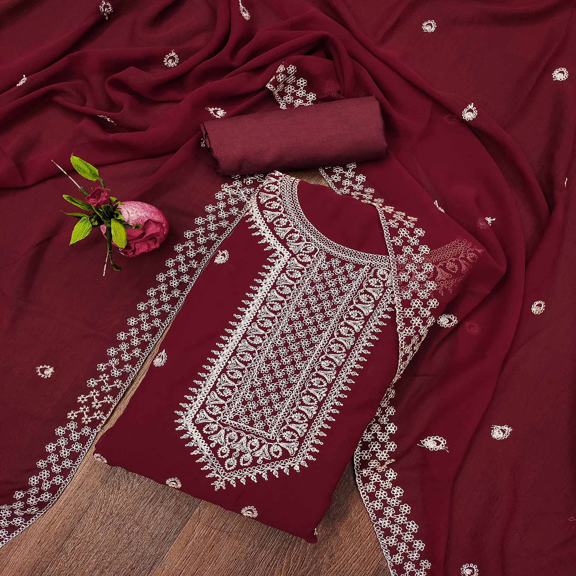 Maroon Embroidered Georgette Dress Material