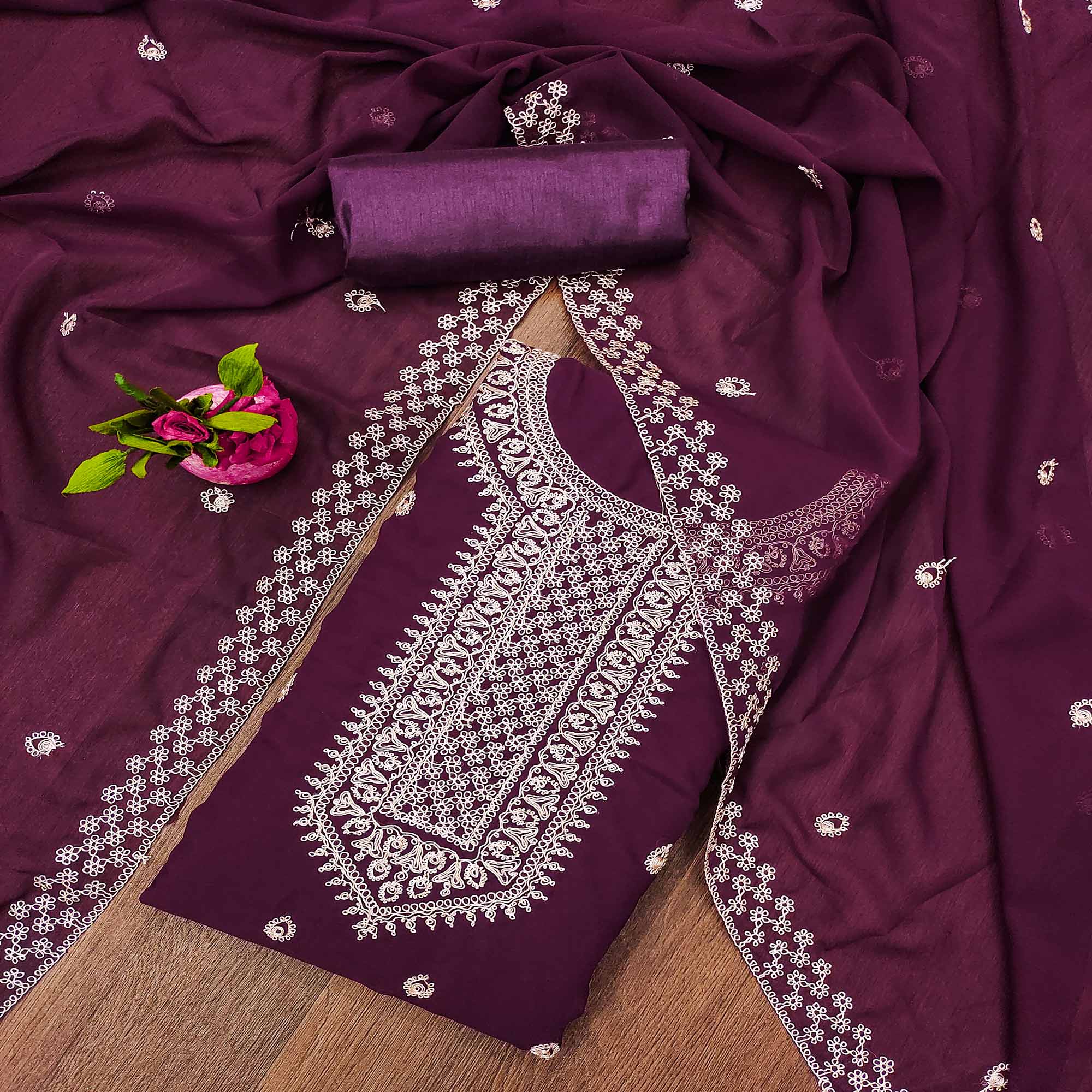 Purple Embroidered Georgette Dress Material