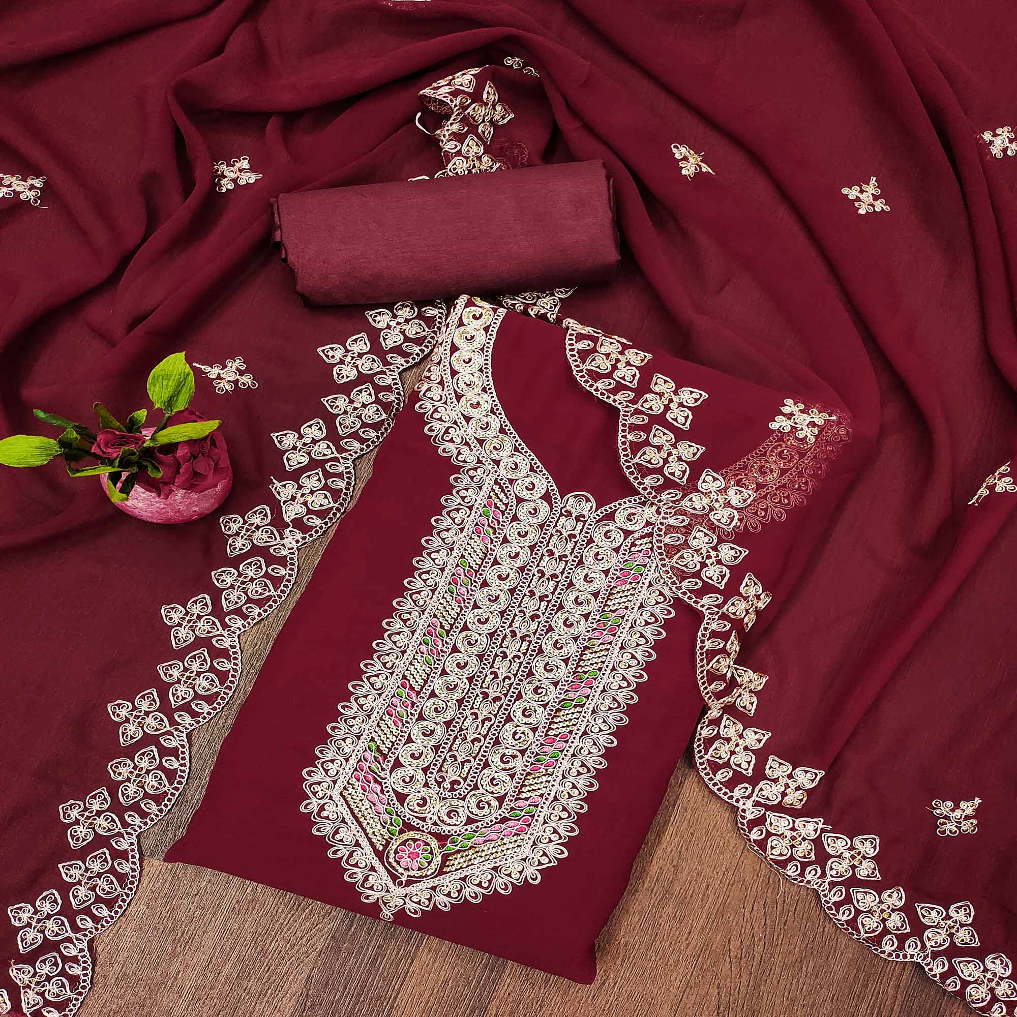 Maroon Floral Embroidered Georgette Dress Material