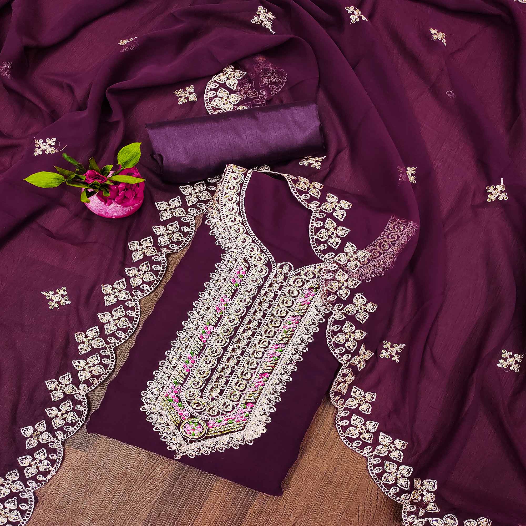 Purple Floral Embroidered Georgette Dress Material