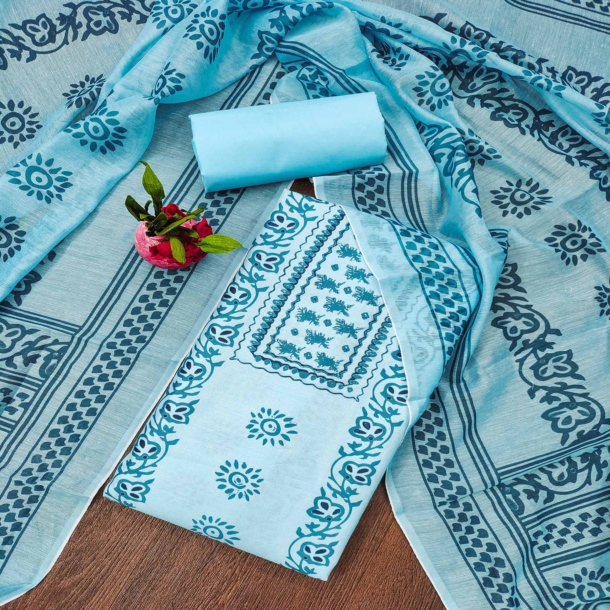 Blue Floral Printed Cotton Blend Dress Material