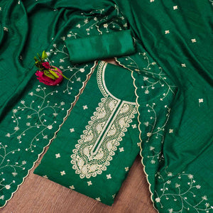 Green Floral Embroidered Vichitra Silk Dress Material