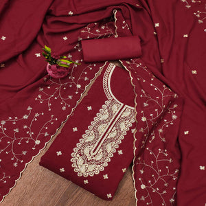 Maroon Floral Embroidered Vichitra Silk Dress Material