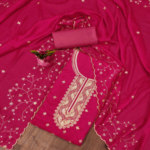 Pink Floral Embroidered Vichitra Silk Dress Material