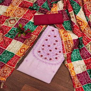 Light Purple Floral Embroidered Cotton Blend Dress Material