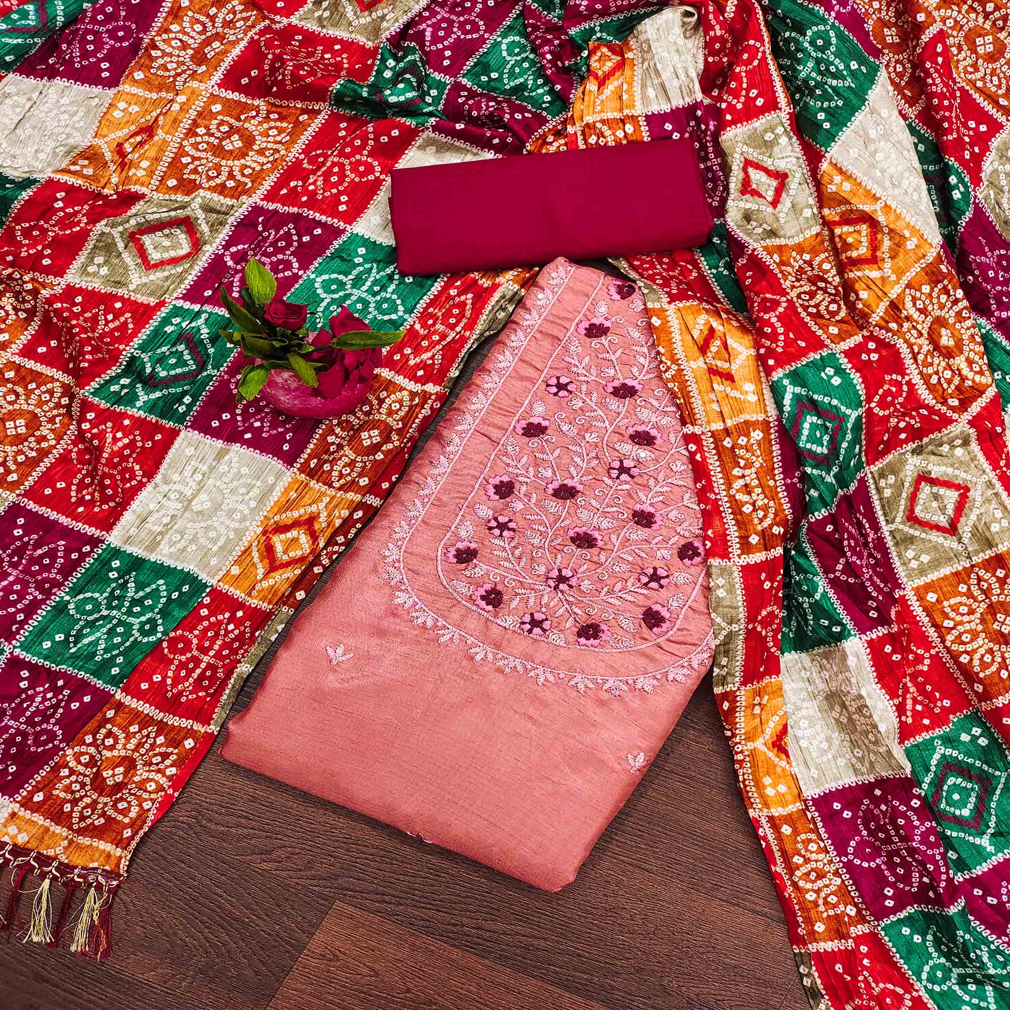 Peach Floral Embroidered Cotton Blend Dress Material