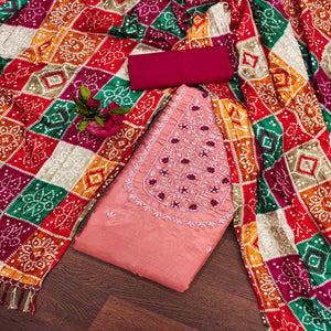 Peach Floral Embroidered Cotton Blend Dress Material