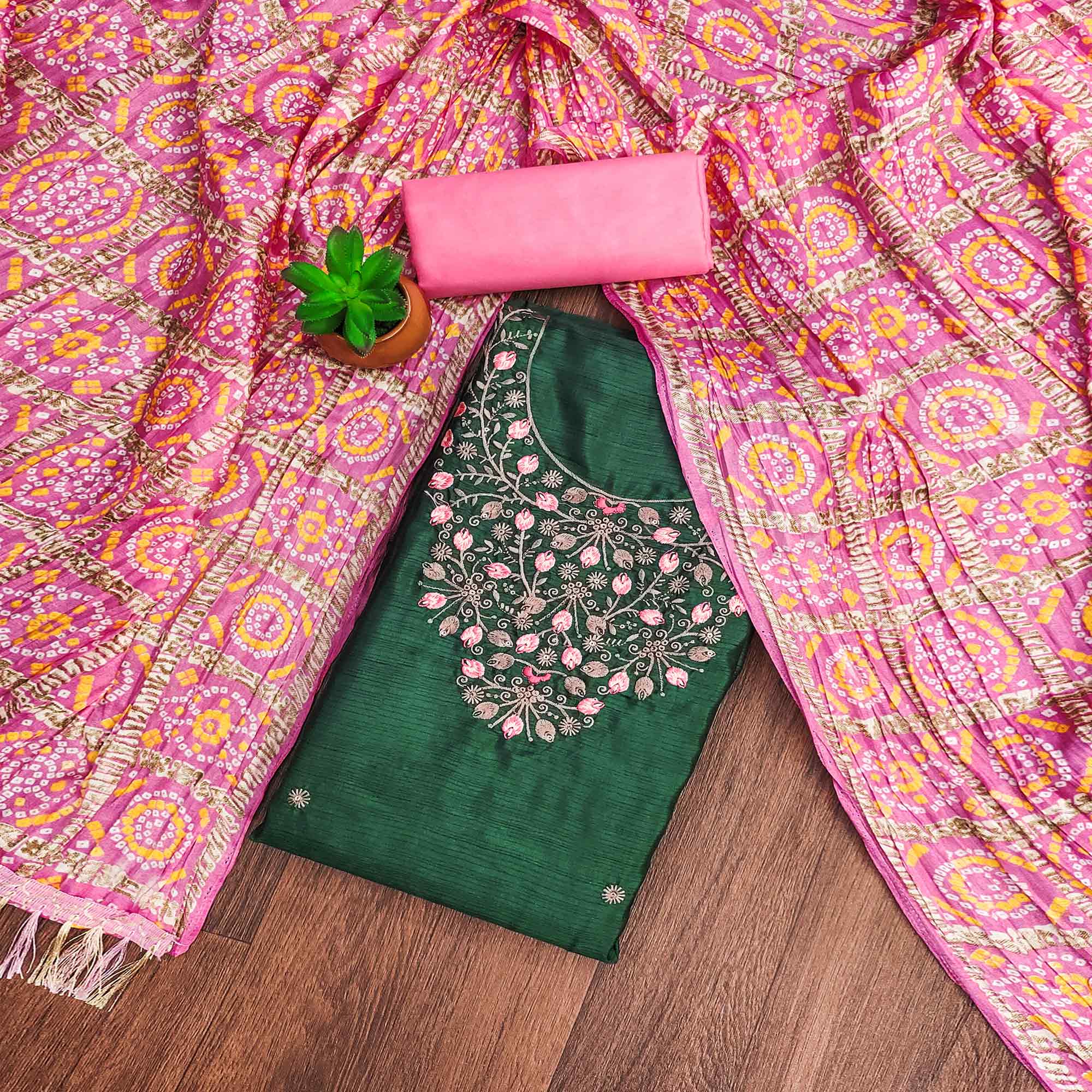 Green Floral Sequins Embroidered Cotton Blend Dress Material Green Floral Sequins Embroidered Cotton Blend Dress Material