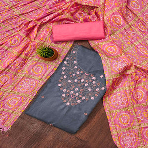 Grey Floral Sequins Embroidered Cotton Blend Dress Material