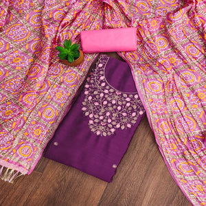 Purple Floral Sequins Embroidered Cotton Blend Dress Material