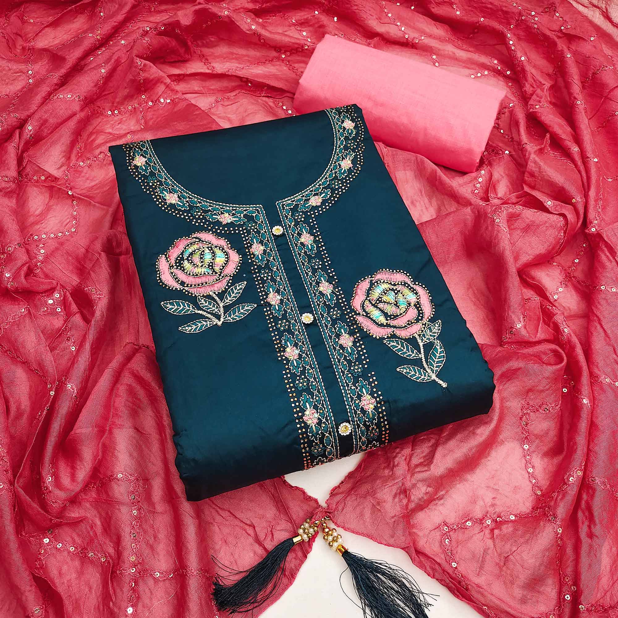 Dark Blue Pure Cotton Dress Material Adorned With Floral Embroidery & Sparkling Swarovski