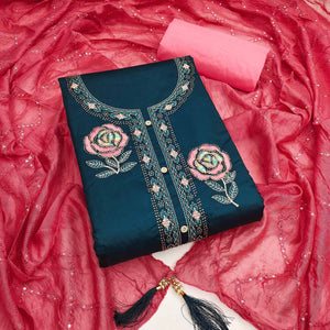 Dark Blue Pure Cotton Dress Material Adorned With Floral Embroidery & Sparkling Swarovski