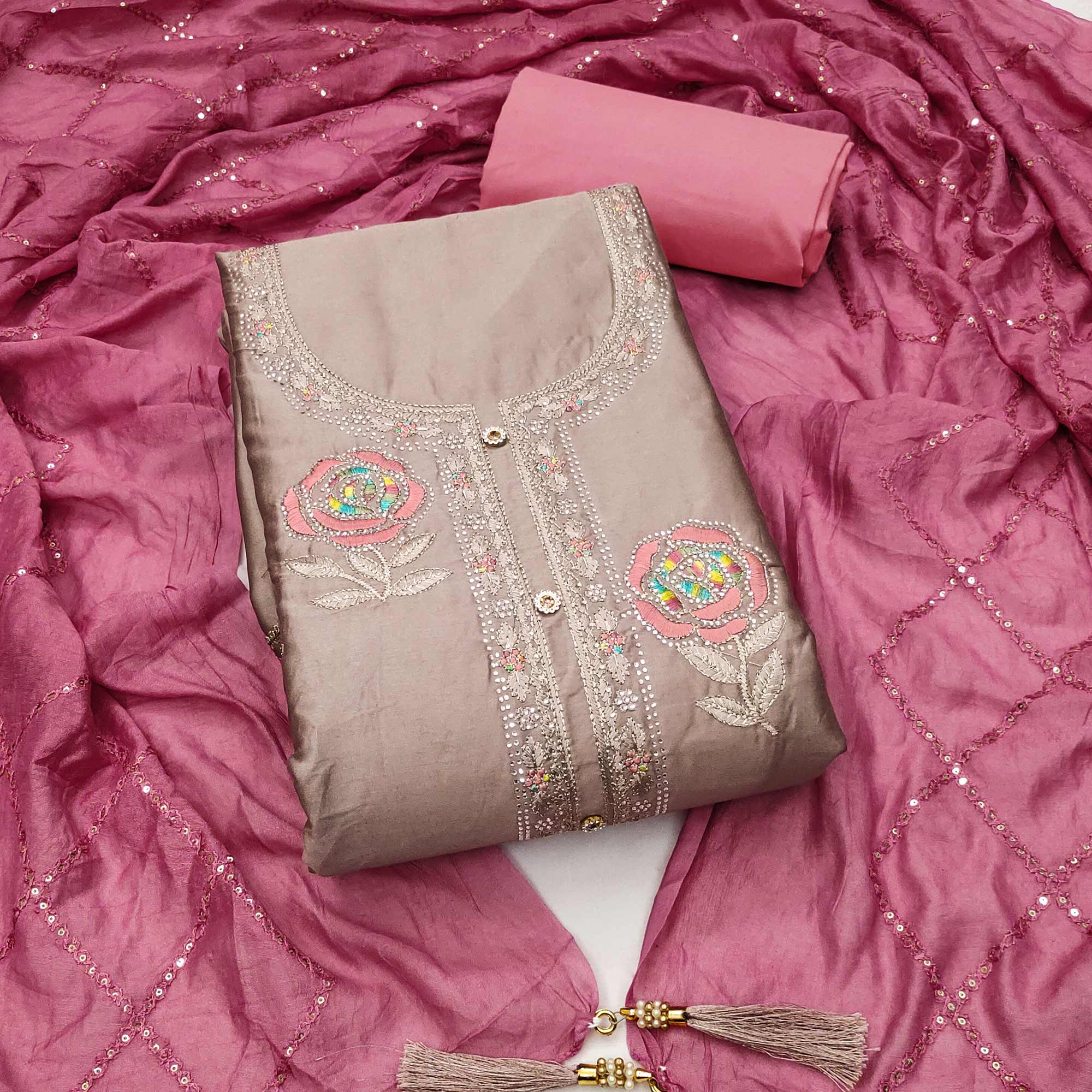 Dusty Brown Pure Cotton Dress Material Adorned With Floral Embroidery & Sparkling Swarovski