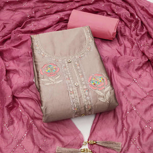 Dusty Brown Pure Cotton Dress Material Adorned With Floral Embroidery & Sparkling Swarovski