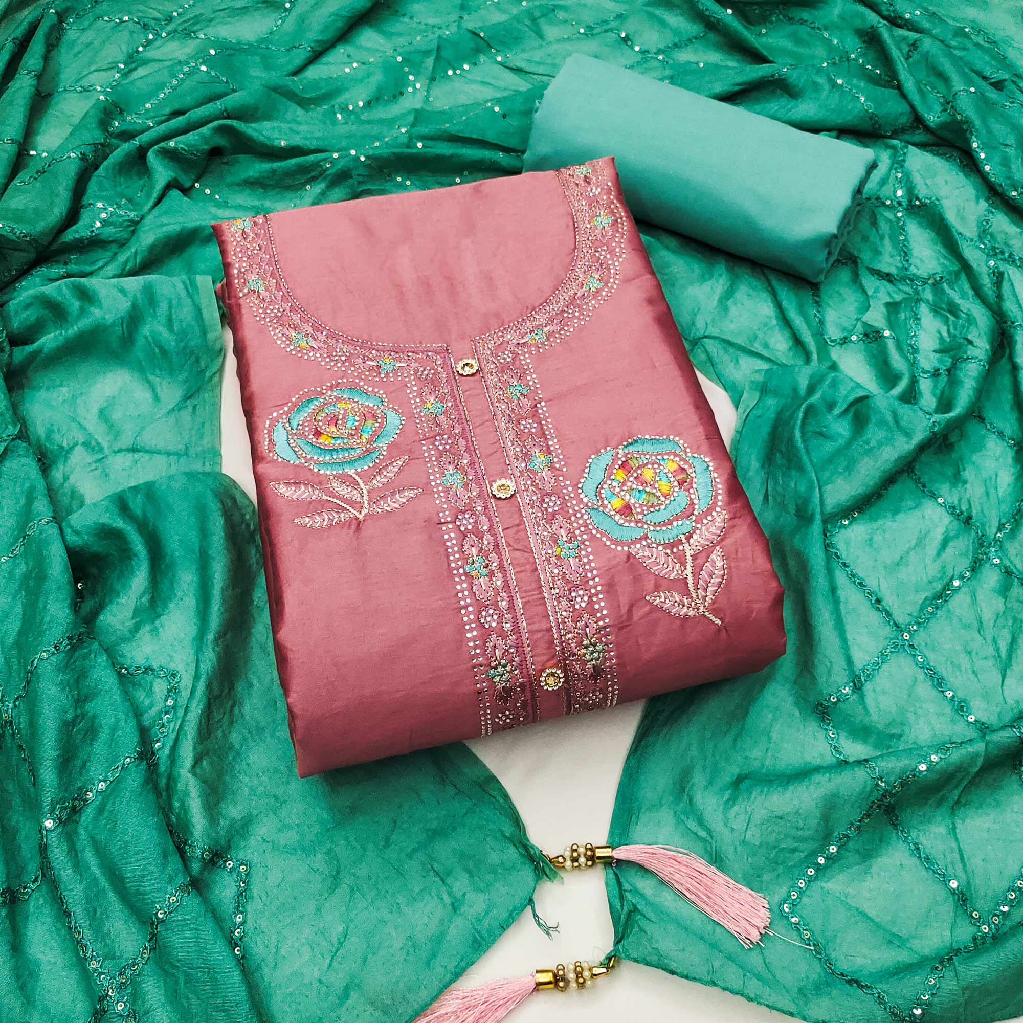 Peach Pure Cotton Dress Material Adorned With Floral Embroidery & Sparkling Swarovski