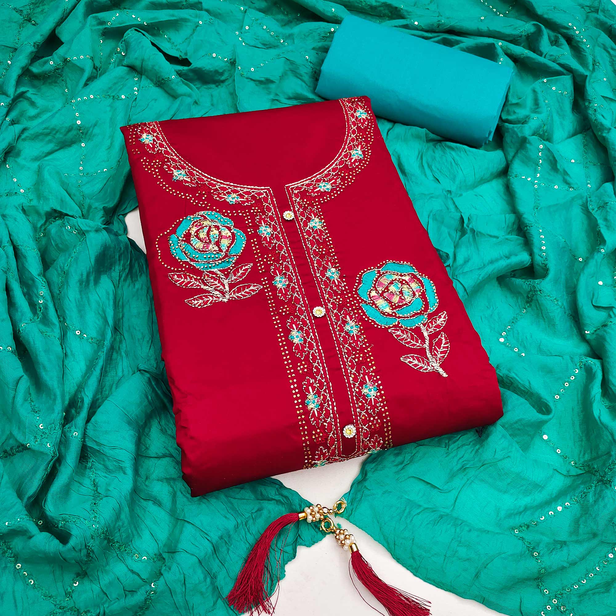 Pink Pure Cotton Dress Material Adorned With Floral Embroidery & Sparkling Swarovski