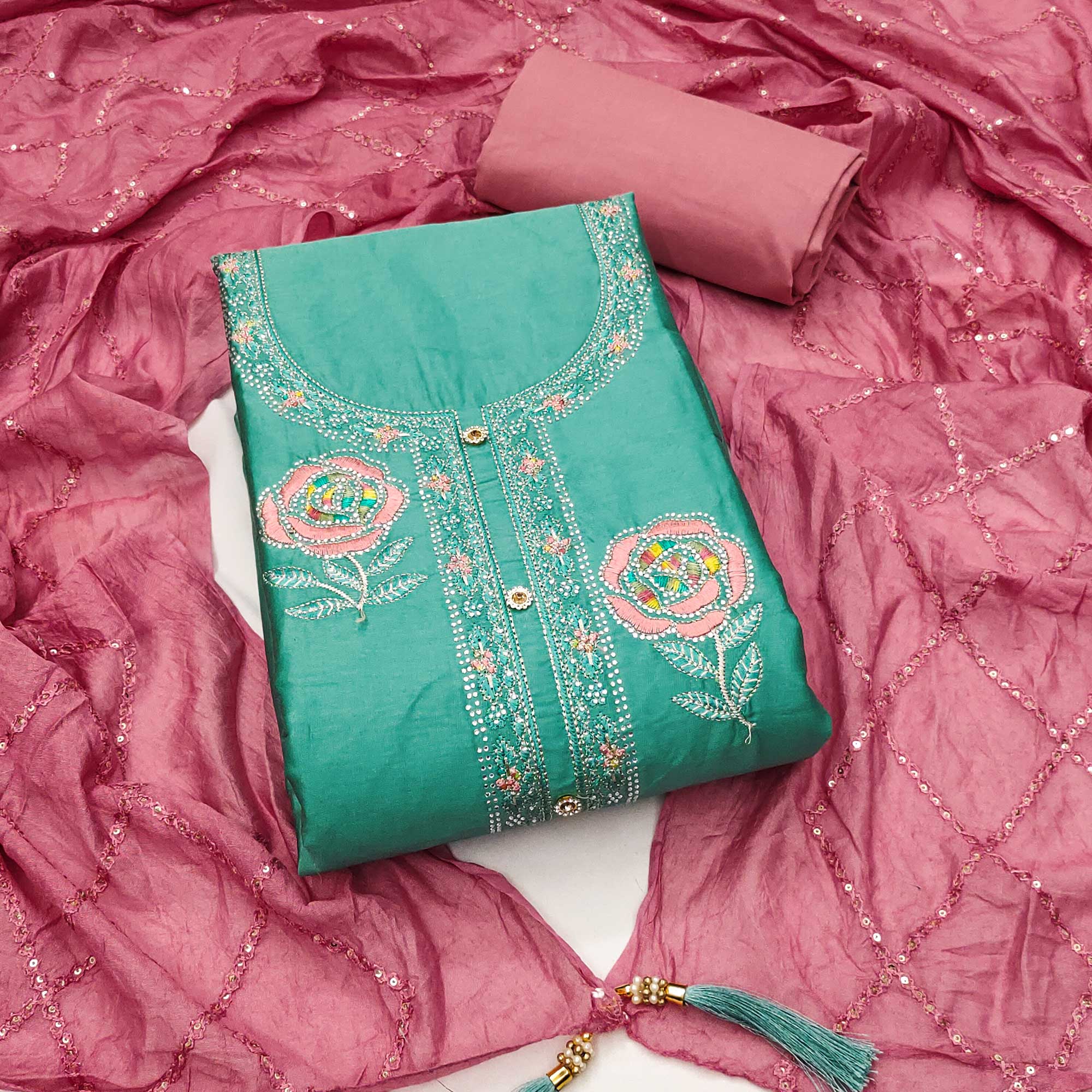 Turquoise Pure Cotton Dress Material Adorned With Floral Embroidery & Sparkling Swarovski