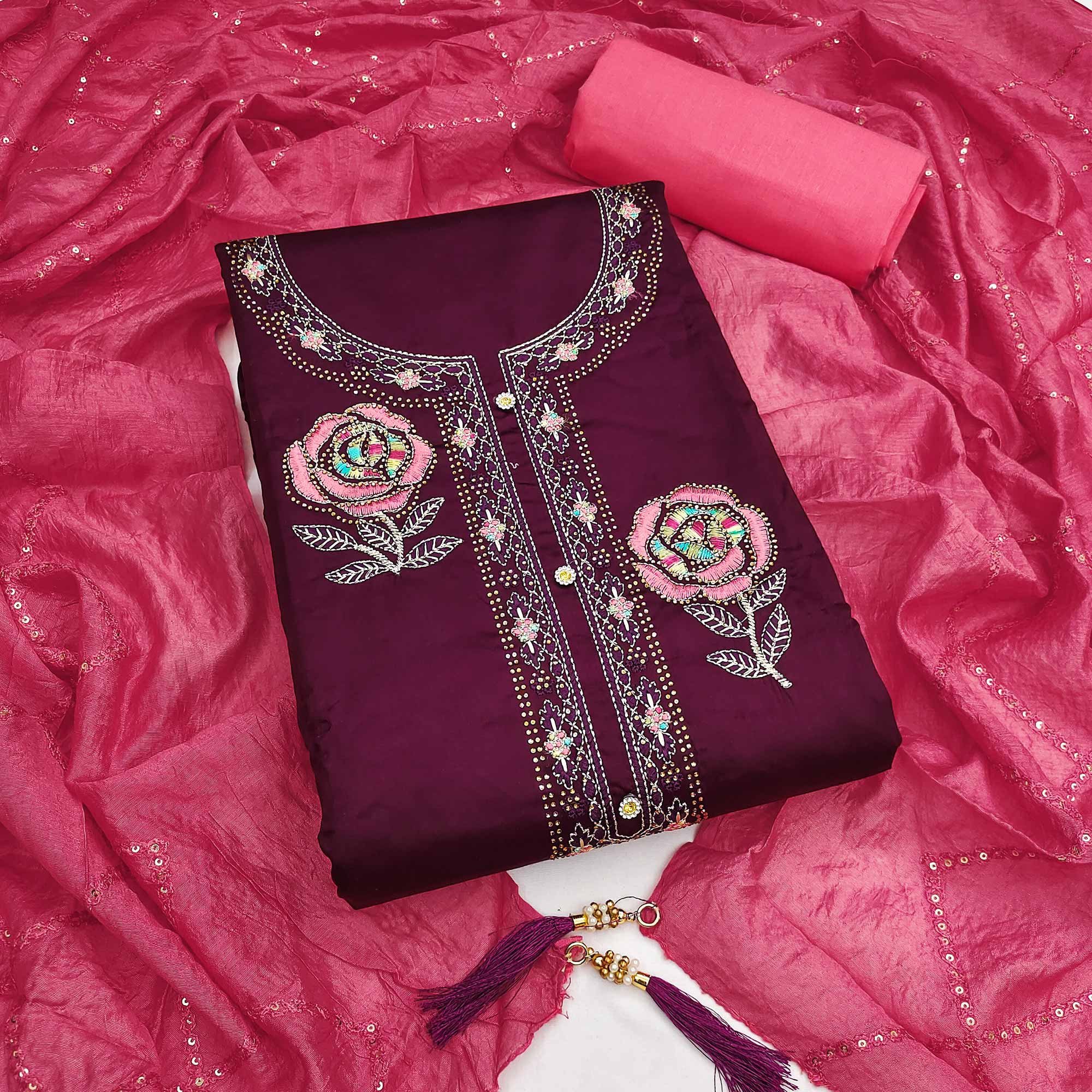 Wine Pure Cotton Dress Material Adorned With Floral Embroidery & Sparkling Swarovski