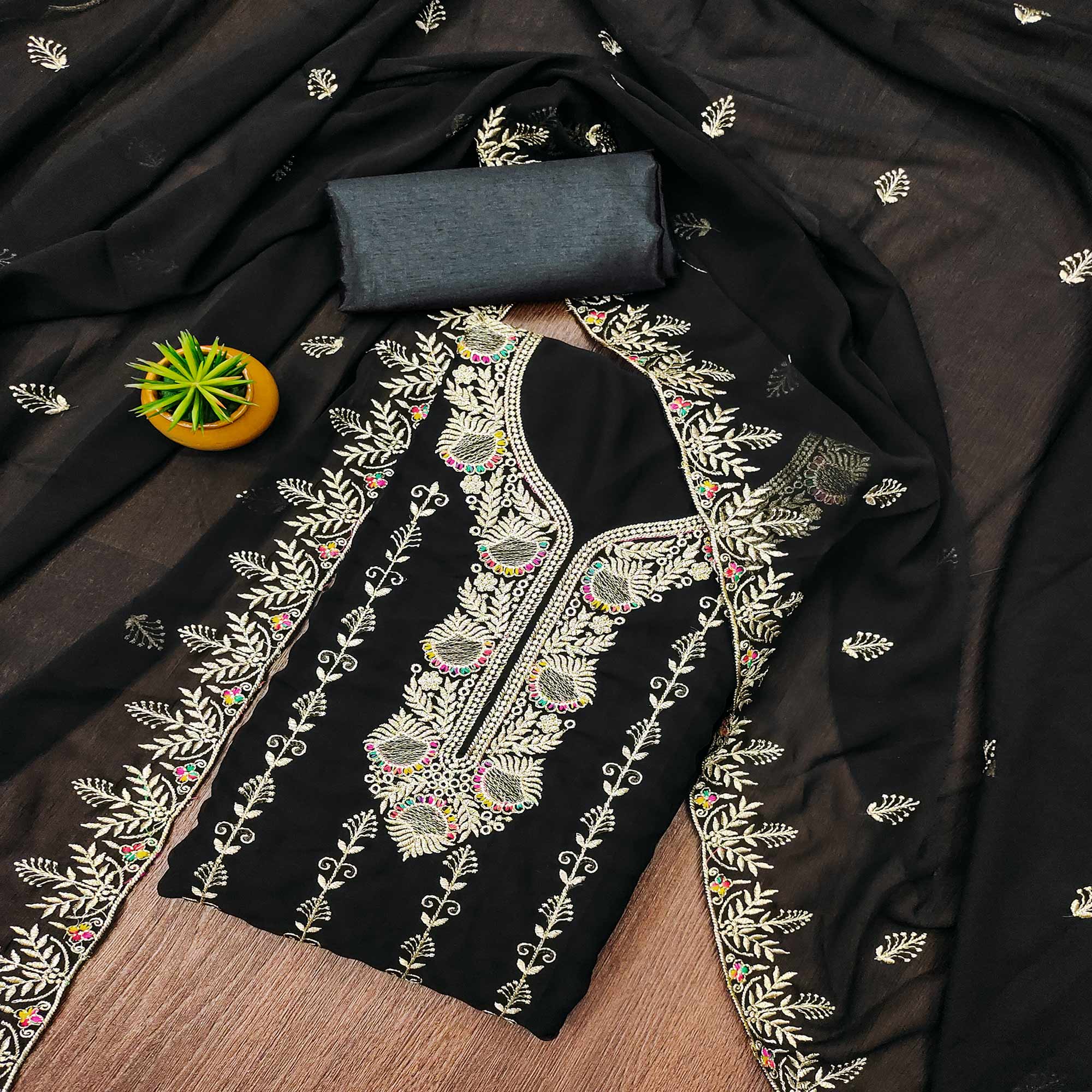 Black Floral Embroidered Georgette Dress Material