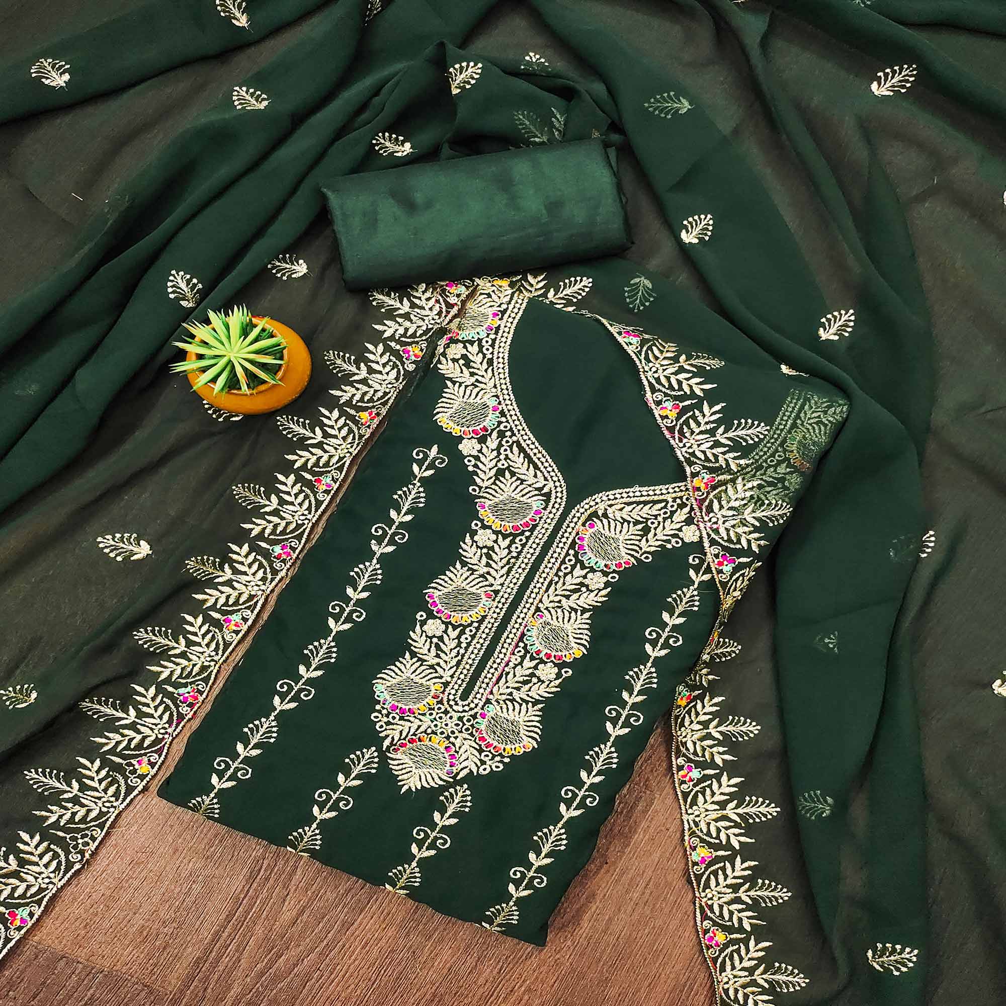 Green Floral Embroidered Georgette Dress Material