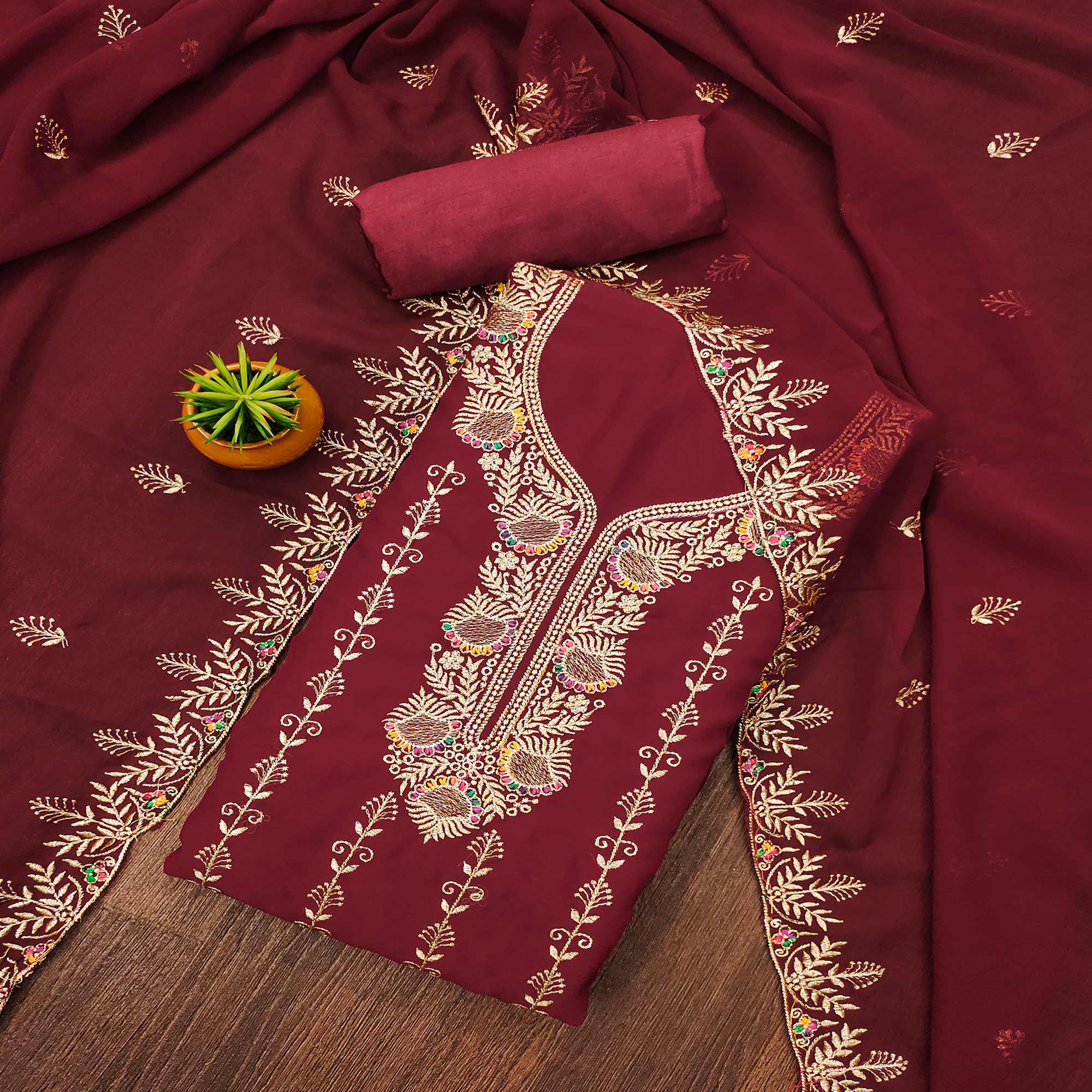 Maroon Floral Embroidered Georgette Dress Material