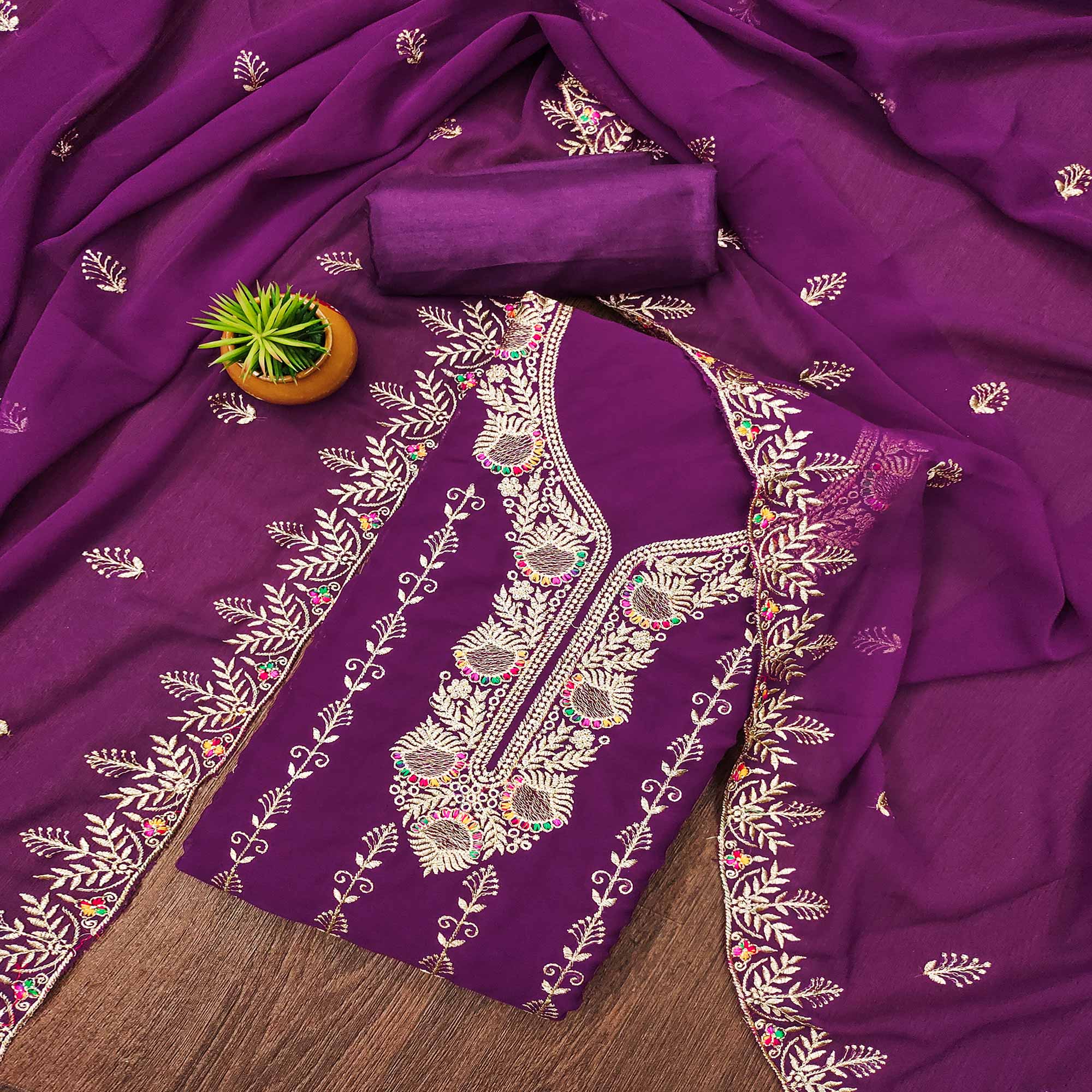 Purple Floral Embroidered Georgette Dress Material