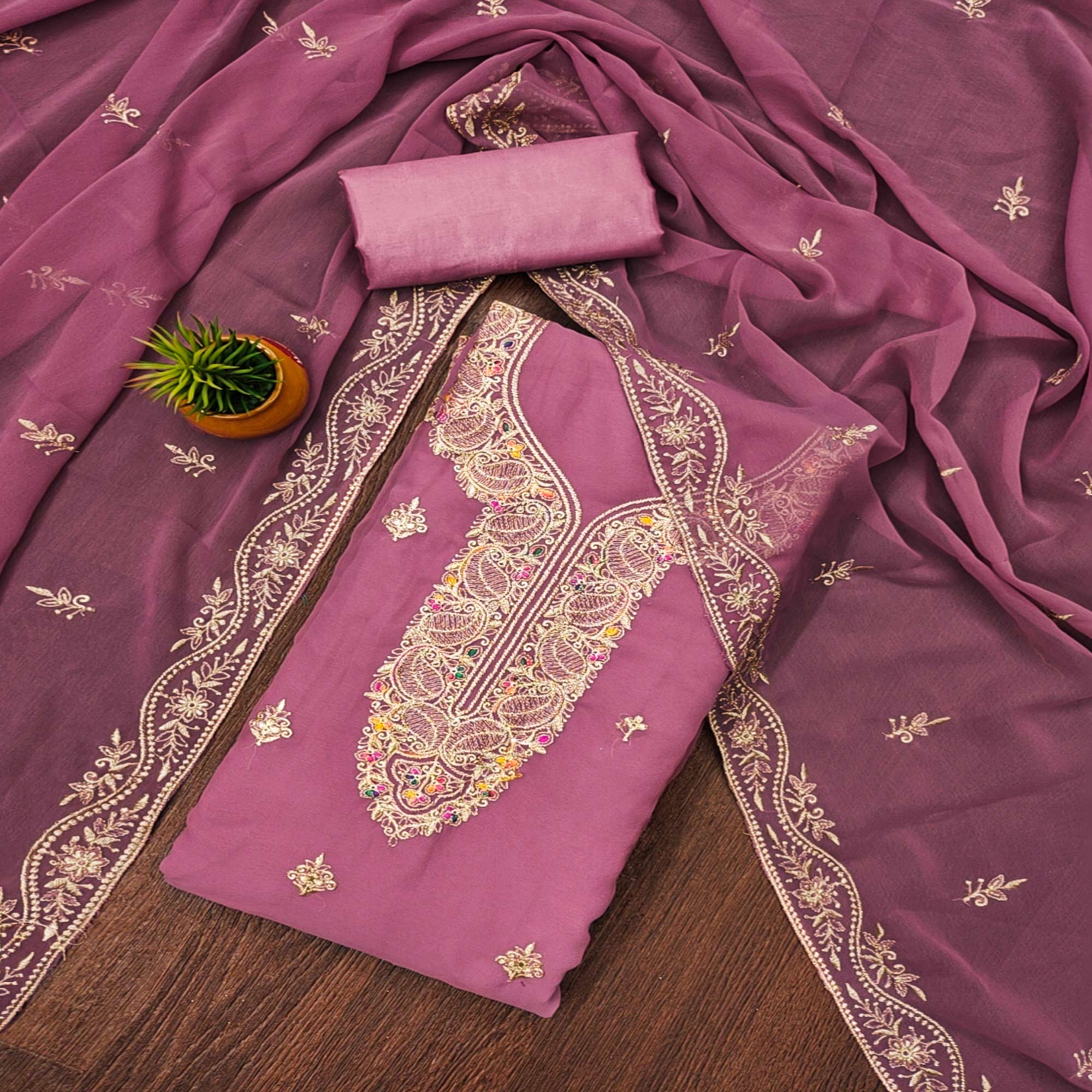 Pink Floral Embroidered Georgette Dress Material