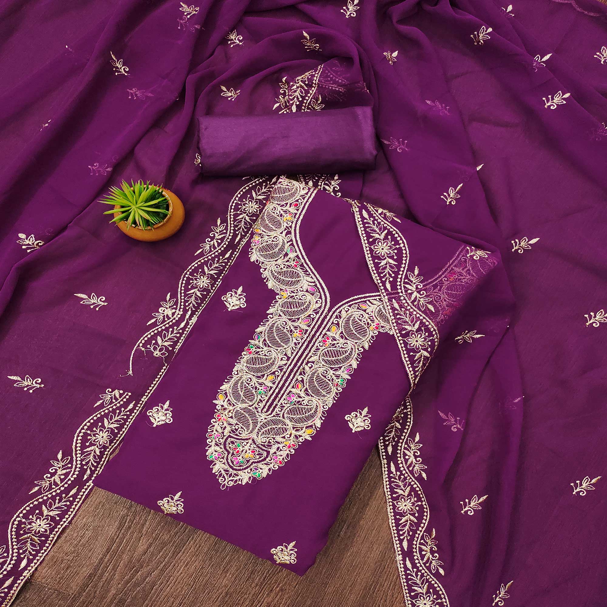 Purple Floral Embroidered Georgette Dress Material