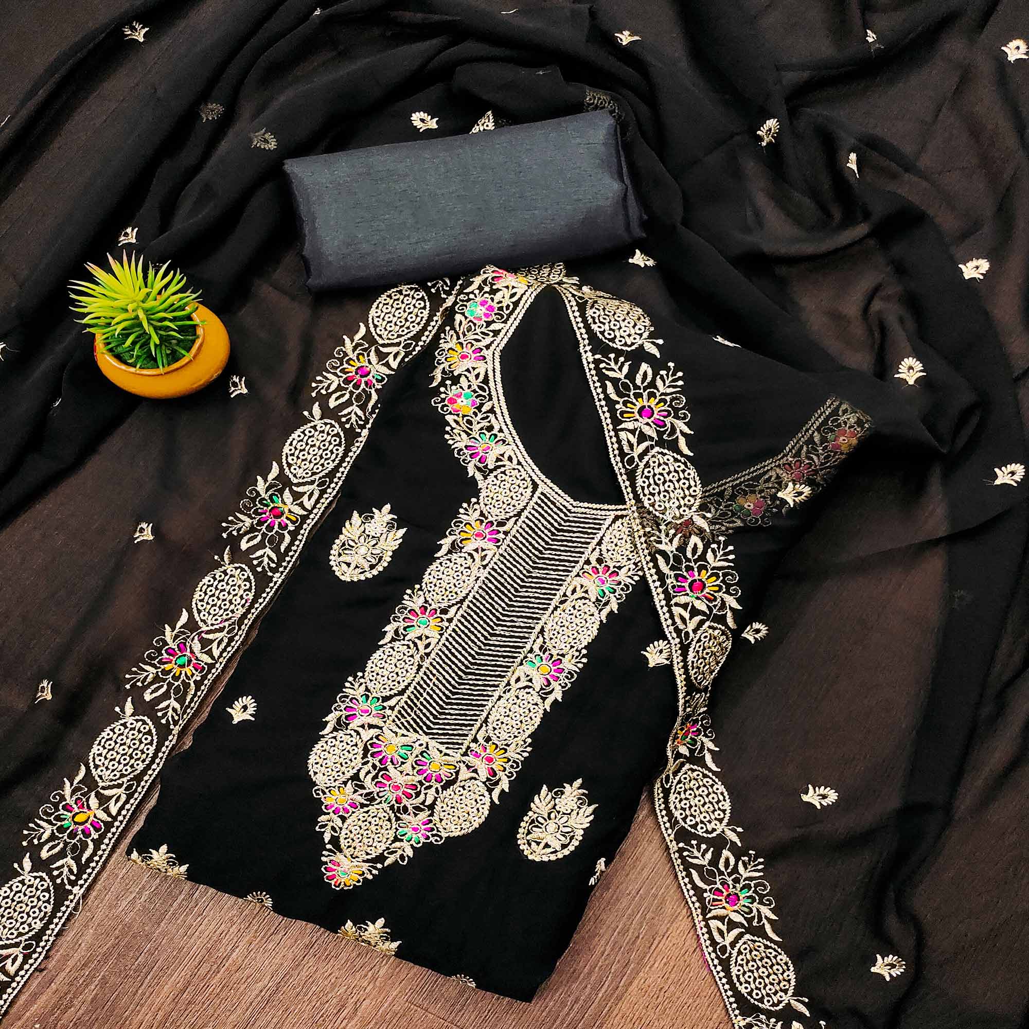 Black Floral Embroidered Georgette Dress Material