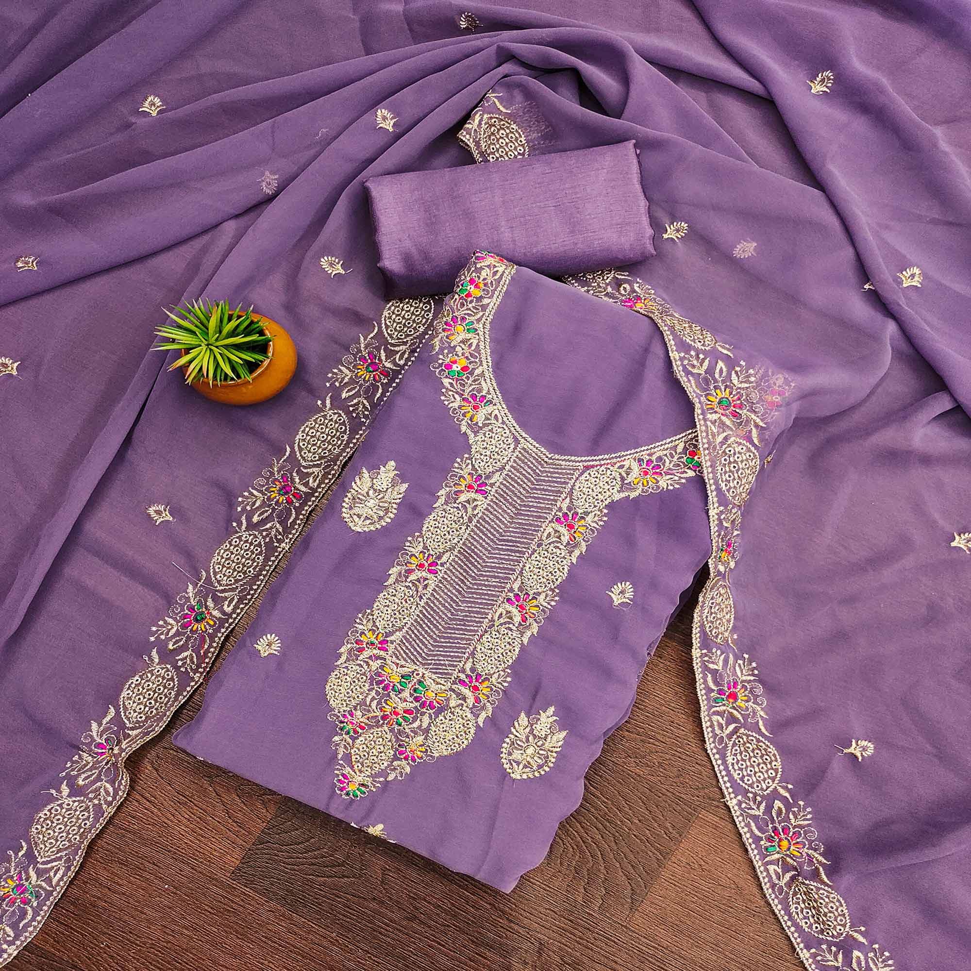Lavender Designer Georgette Dress Material Adorned With Intricate Floral Embroidery