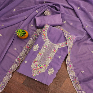 Lavender Designer Georgette Dress Material Adorned With Intricate Floral Embroidery