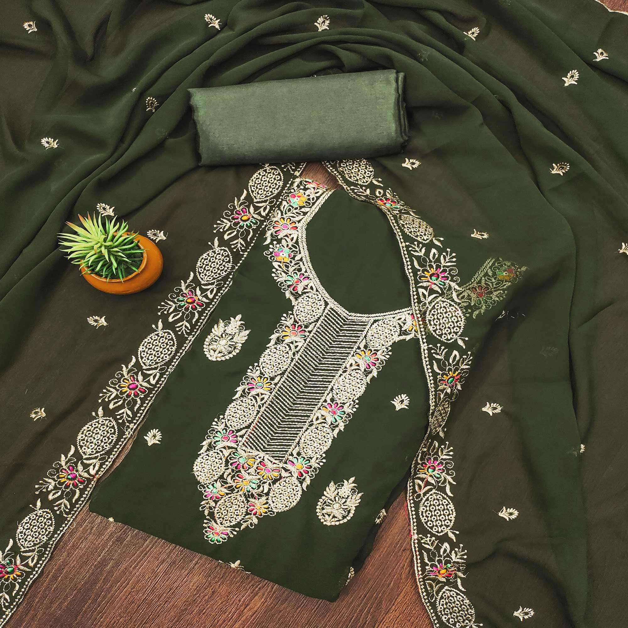 Mehendi Green Floral Embroidered Georgette Dress Material