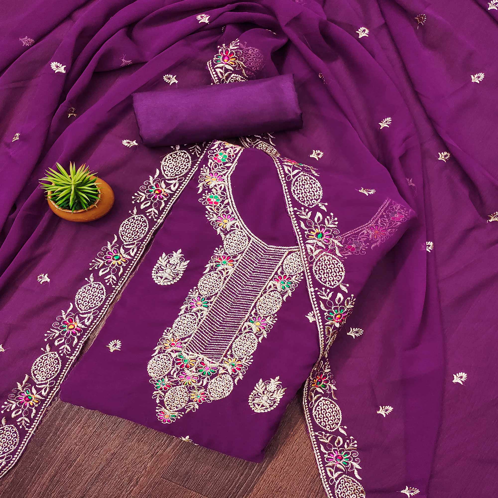 Purple Floral Embroidered Georgette Dress Material