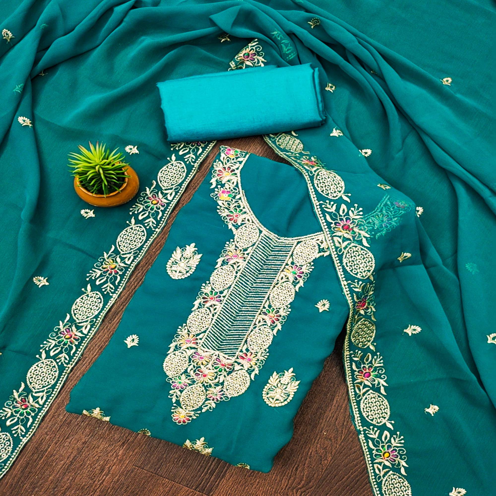 Rama Blue Floral Embroidered Georgette Dress Material