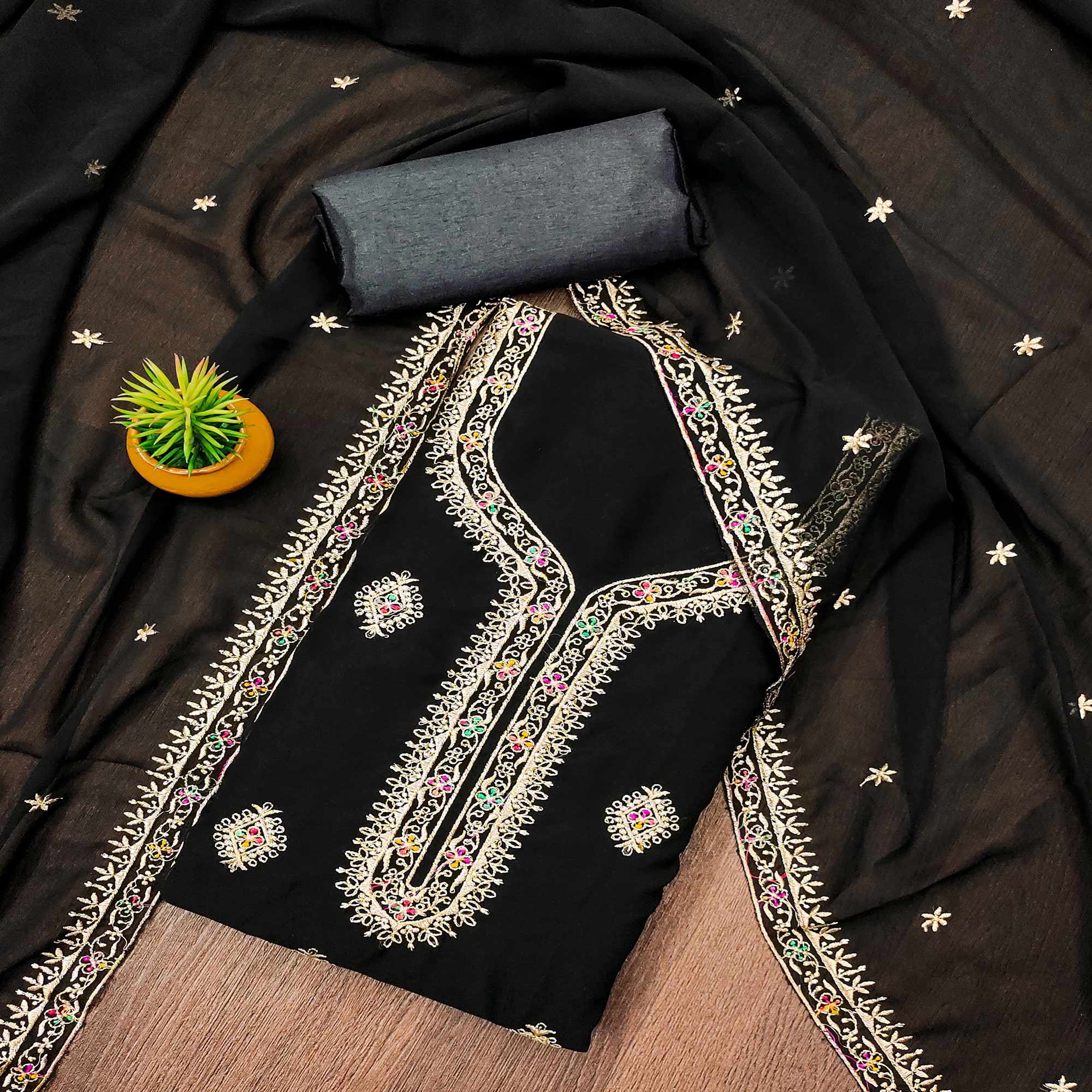 Black Floral Embroidered Georgette Dress Material