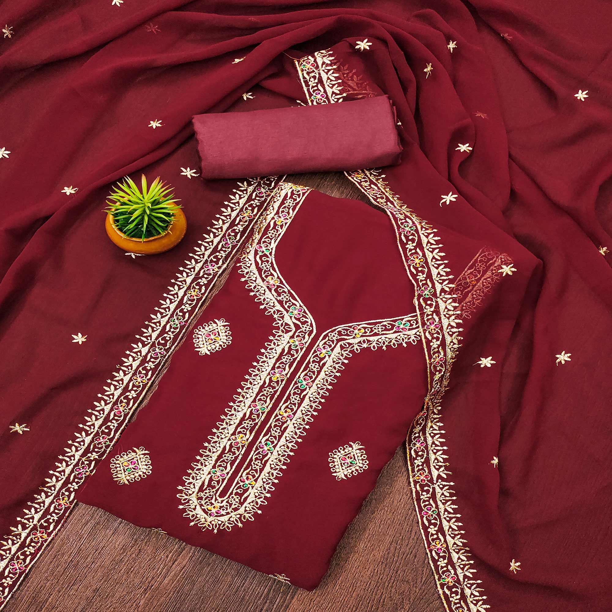 Maroon Floral Embroidered Georgette Dress Material