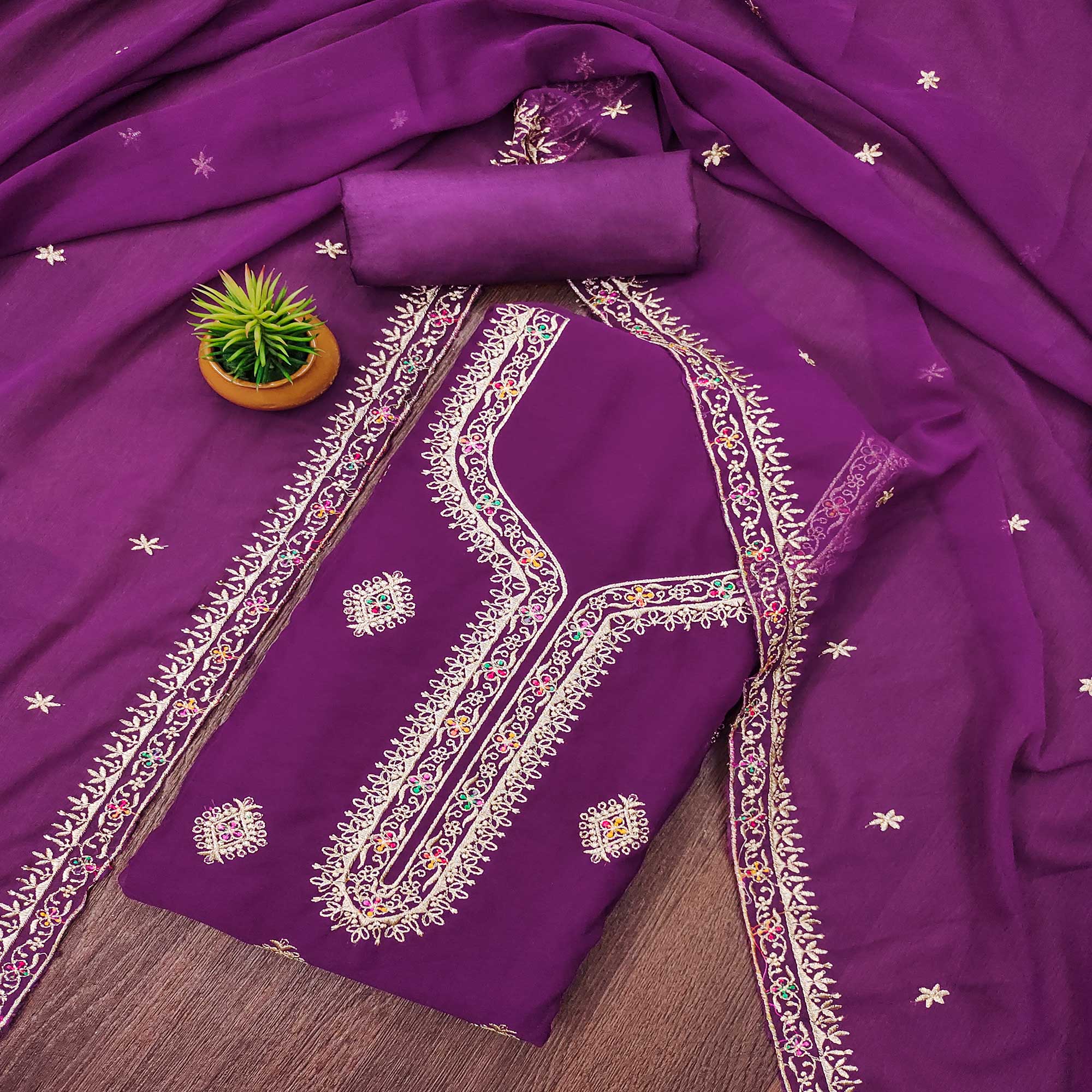 Purple Floral Embroidered Georgette Dress Material