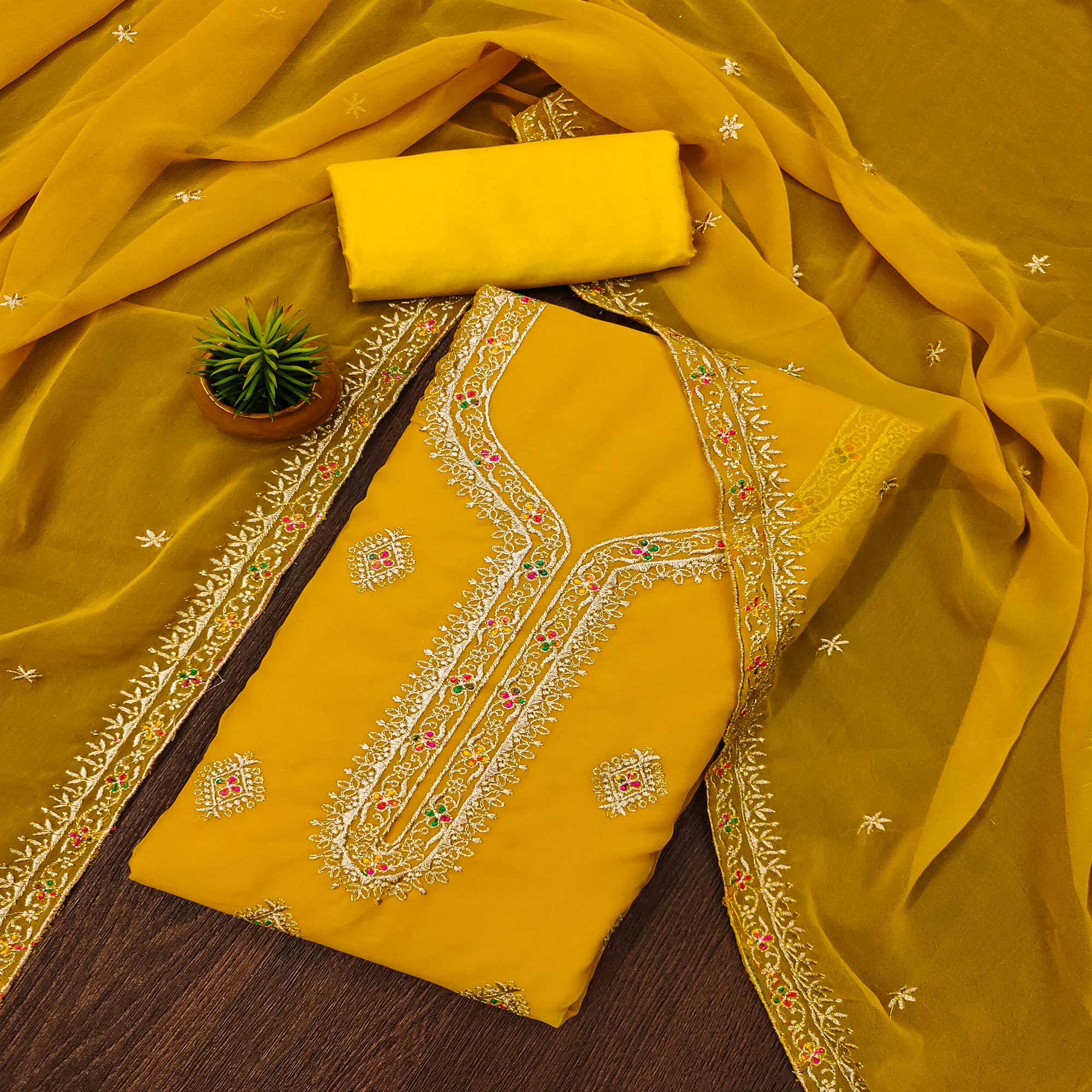 Yellow Floral Embroidered Georgette Dress Material