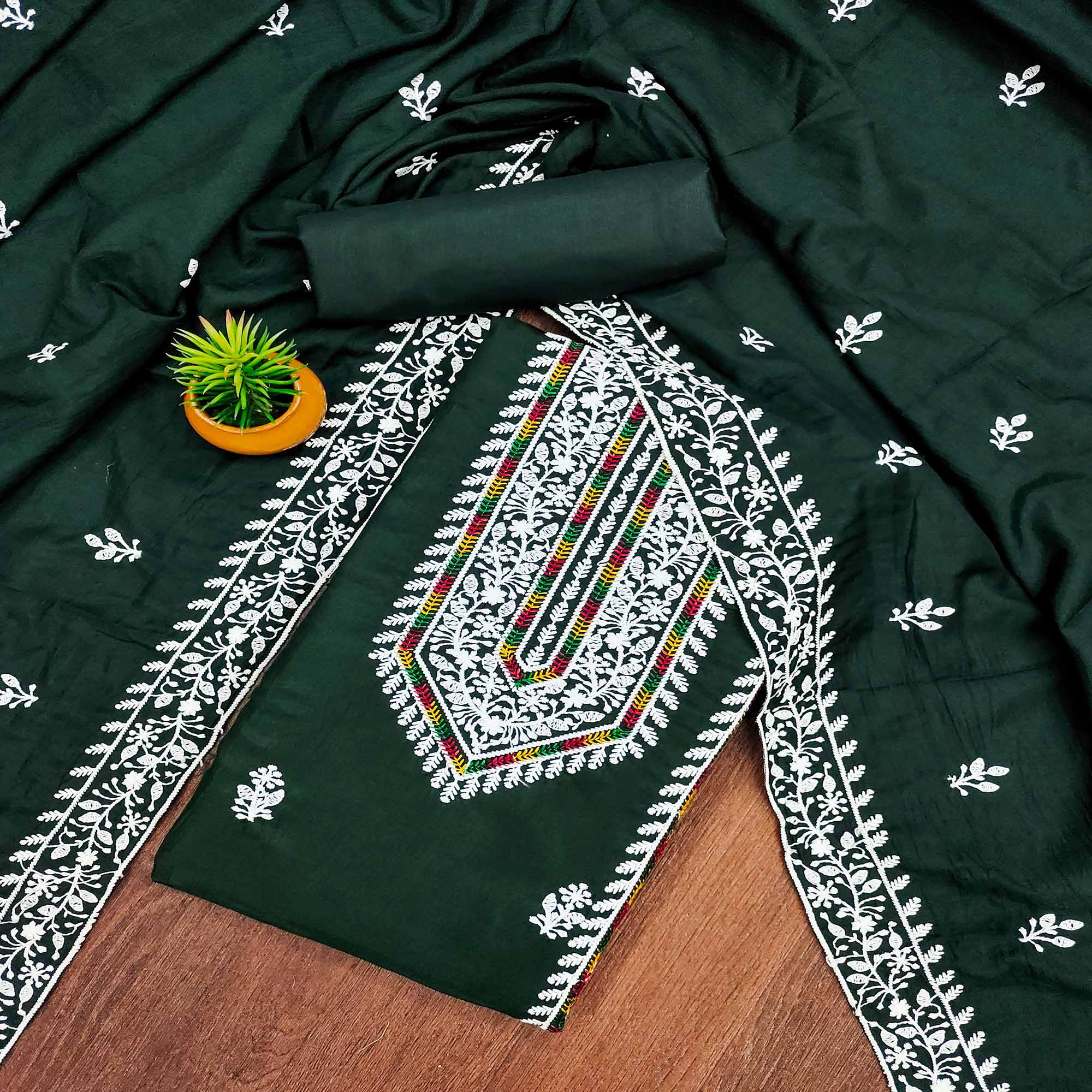 Green Floral Embroidered Cotton Silk Dress Material