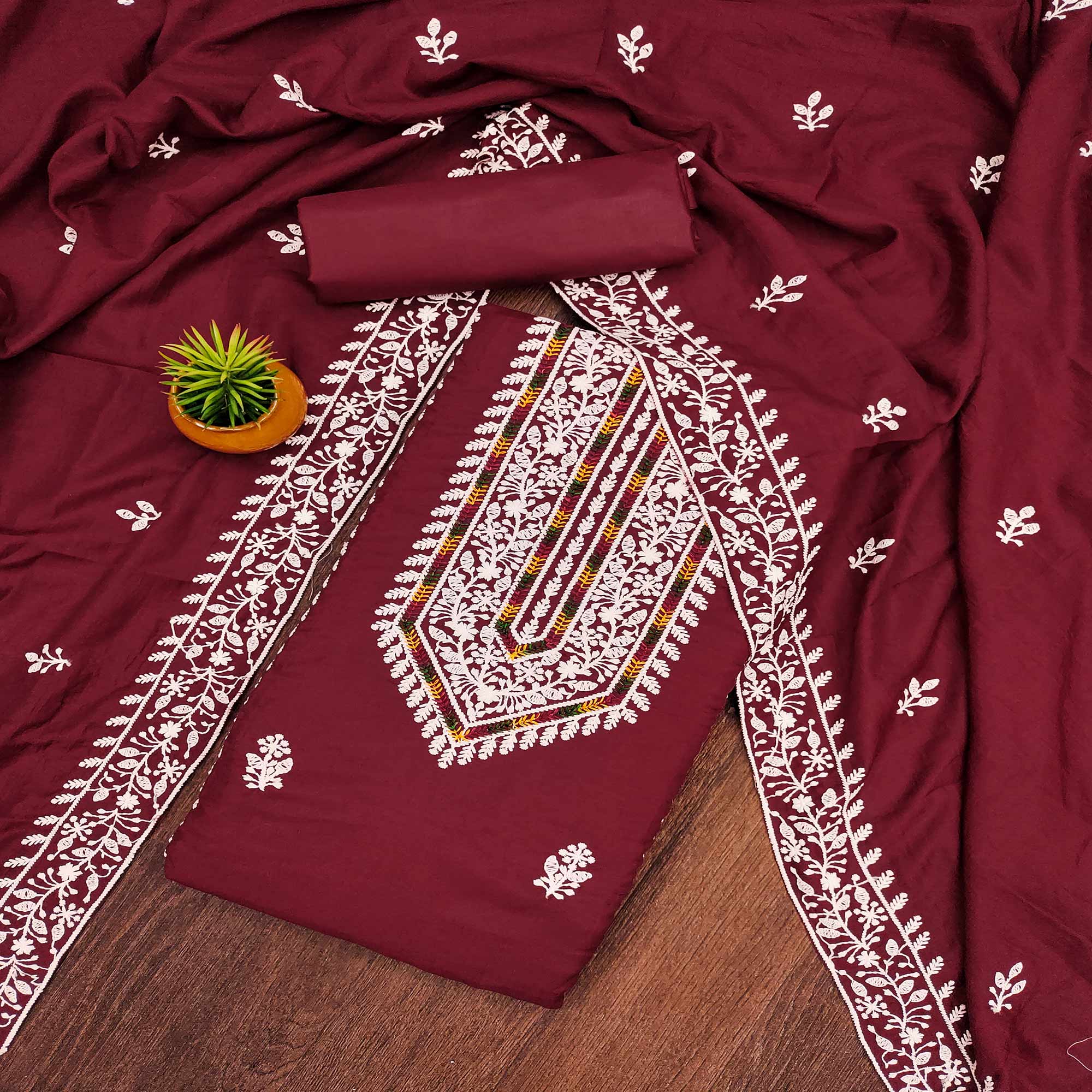 Maroon Floral Embroidered Cotton Silk Dress Material