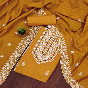 Mustard Floral Embroidered Cotton Silk Dress Material