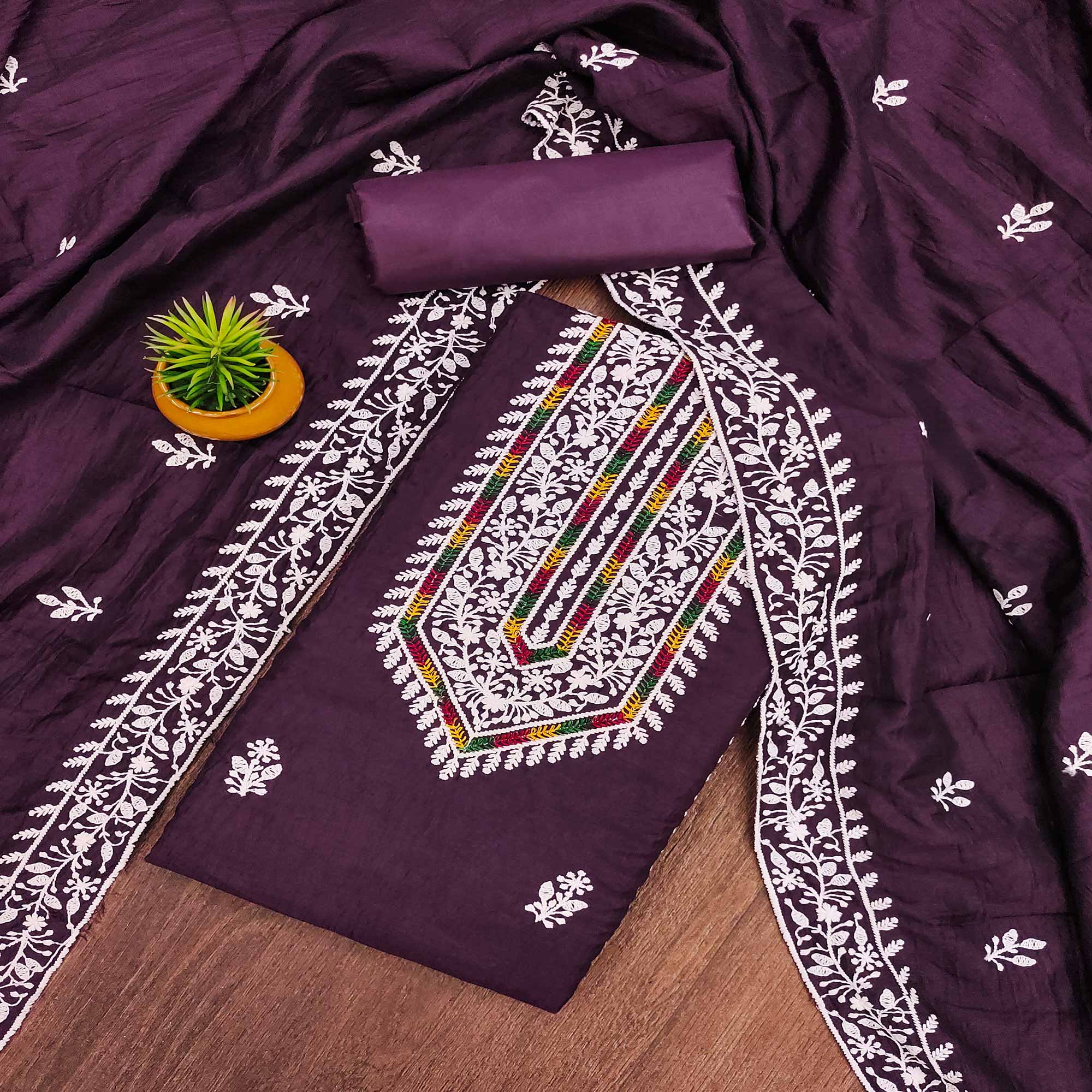 Purple Floral Embroidered Cotton Silk Dress Material