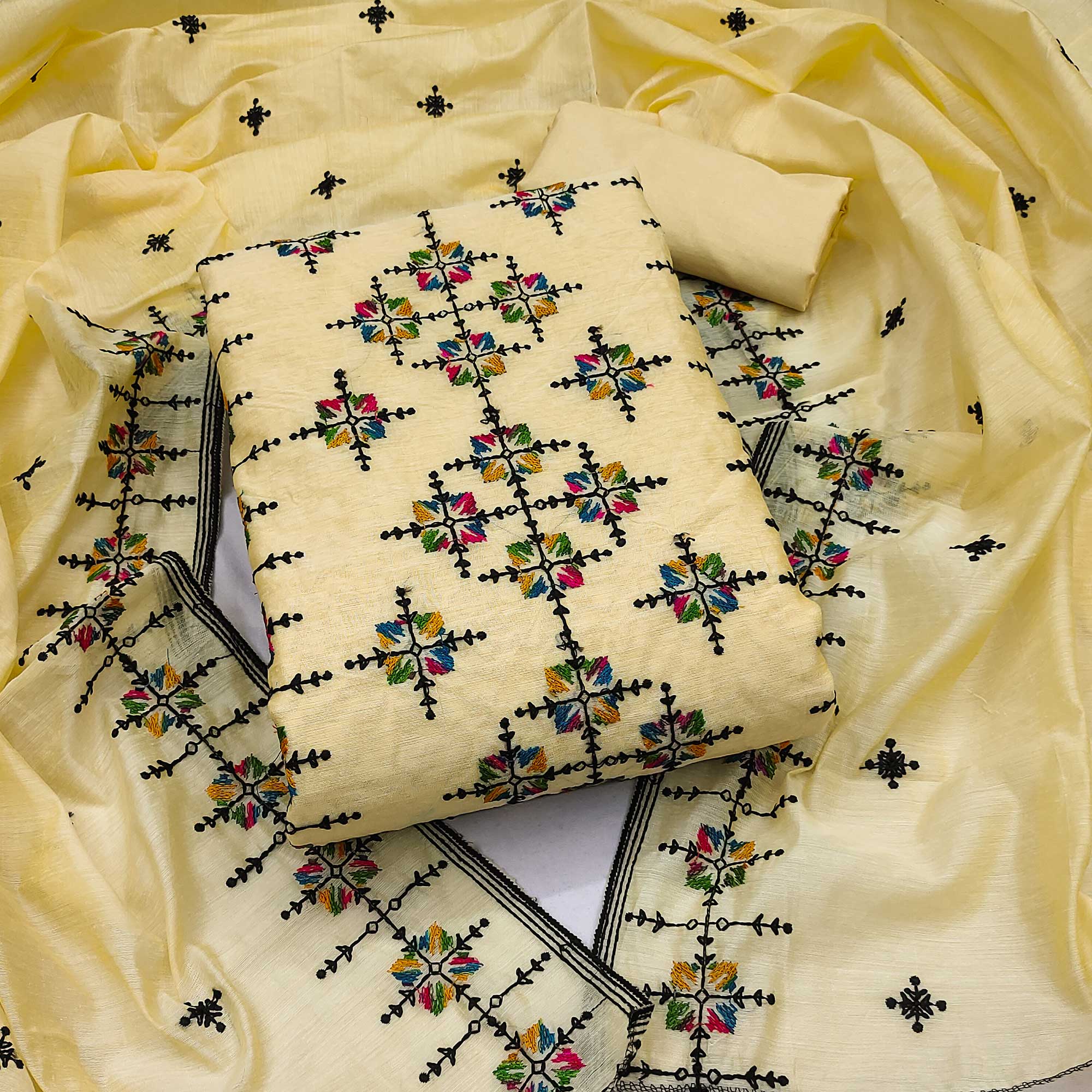 Yellow Embroidered Chanderi Cotton Dress Material