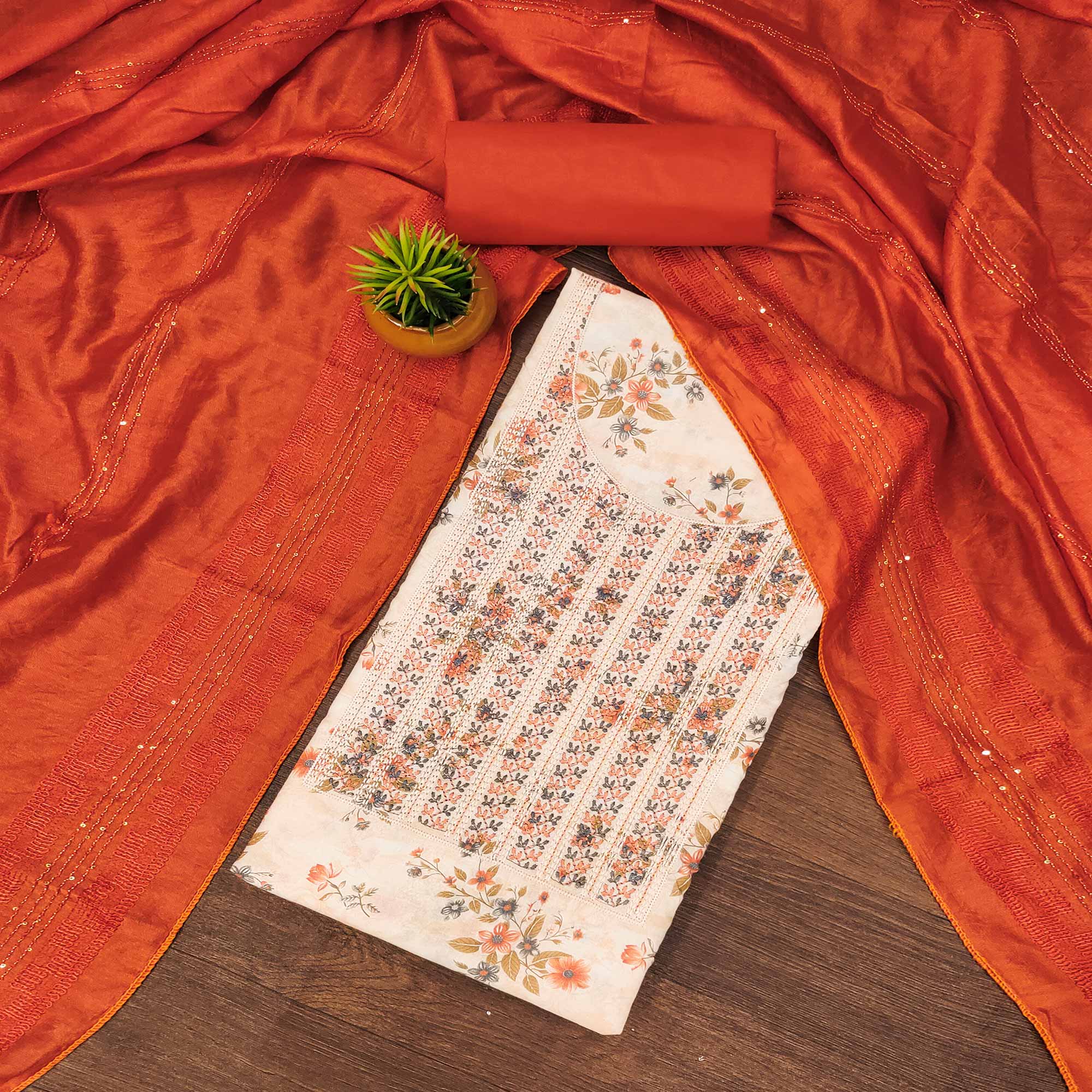 White & Orange Cotton Blend Dress Material With Floral Digital Print & Embroidery
