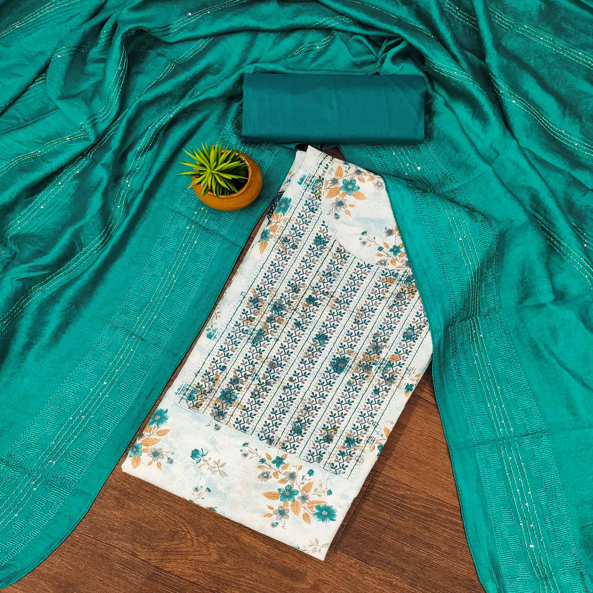 White & Teal Cotton Blend Dress Material With Floral Digital Print & Embroidery