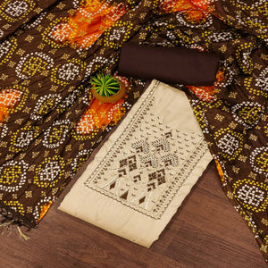 Beige Cotton Silk Dress Material With Delicate Floral Sequin Embroidery