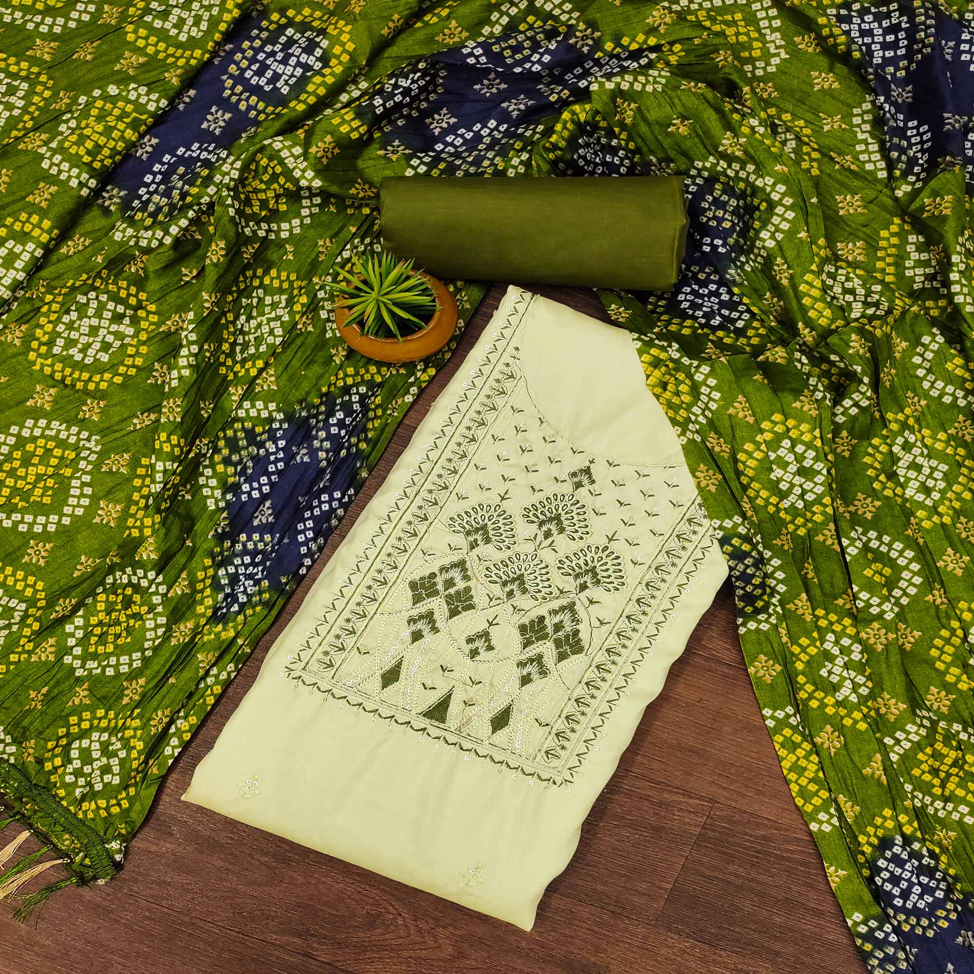 Green Cotton Silk Dress Material With Delicate Floral Sequin Embroidery