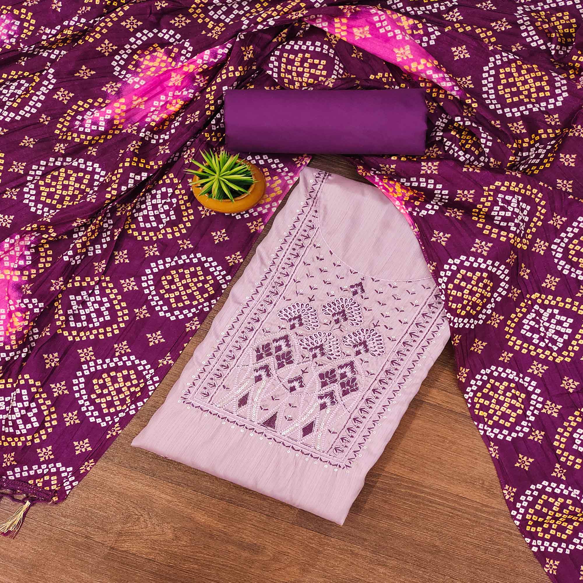 Lavender Cotton Silk Dress Material With Delicate Floral Sequin Embroidery