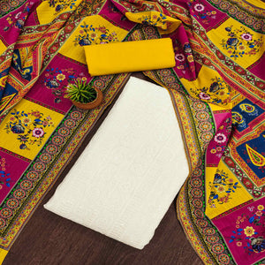 \White & Yellow Cotton Blend Dress Material With Elegant Schiffli & Sequins Work