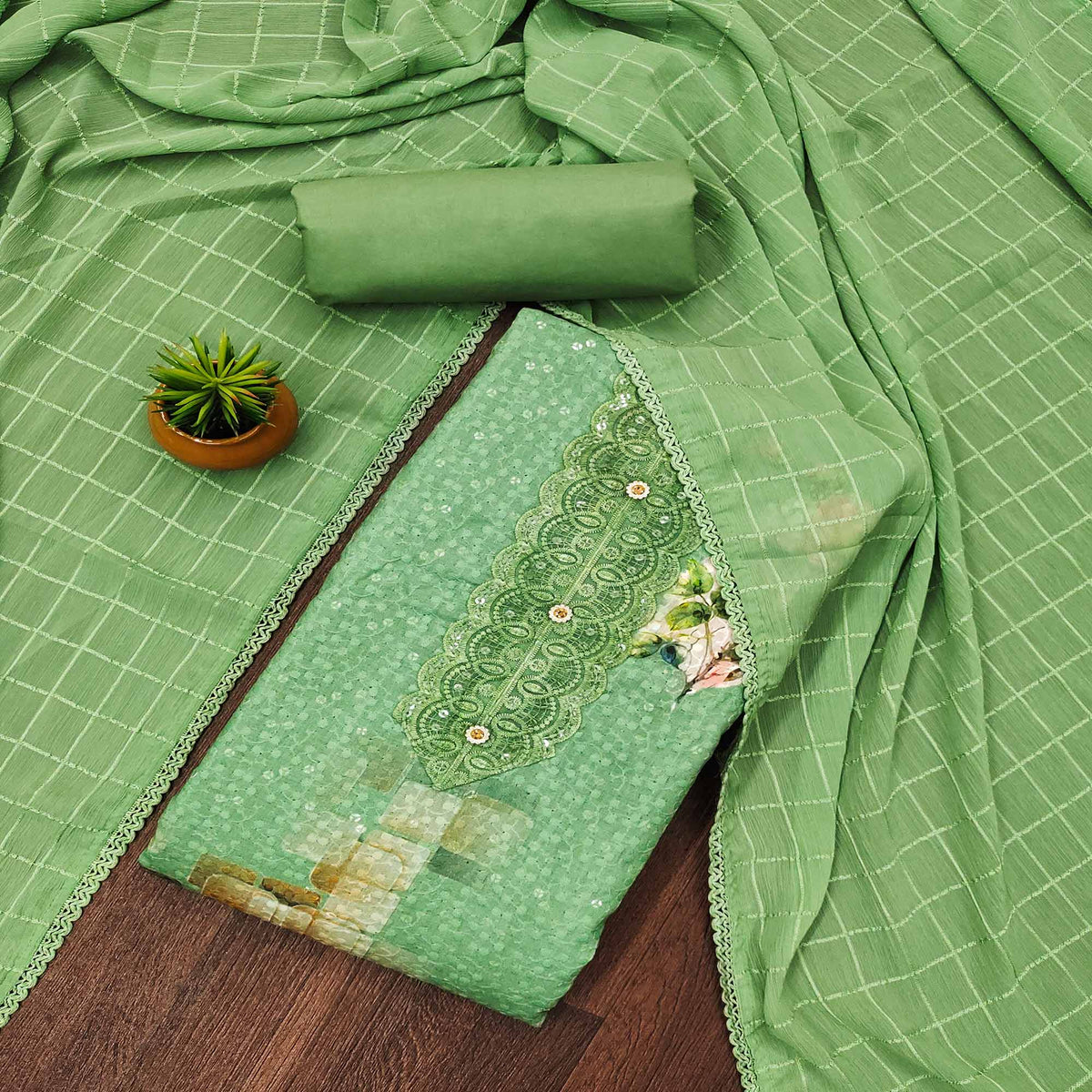 Green Schiffli Embroidered Cotton Blend Dress Material With Floral Dig Green Schiffli Embroidered Cotton Blend Dress Material With Floral Dig
